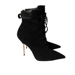 Good American NEW Black Suede Ankle Booties Lace Up Stiletto Heeled Size 9